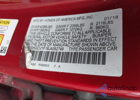 2018 Honda Accord Lx z USA, uszkodzony, nr VIN 1HGCV1F18JA092749